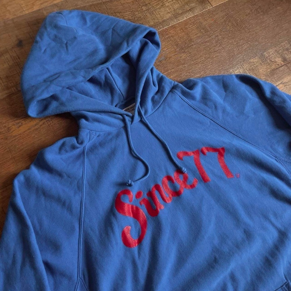 American Eagle Raglan Hoodie Mens XXL Blue Varsity Preppy Since 77 Pullover